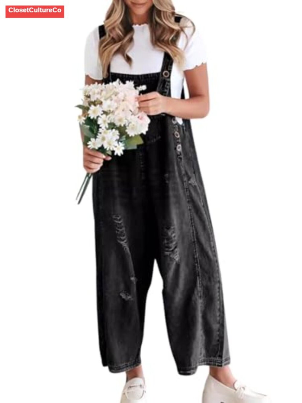 Distressed Denim Bib Overalls Wide Leg Baggy Jumpsuit Adjustable Straps
